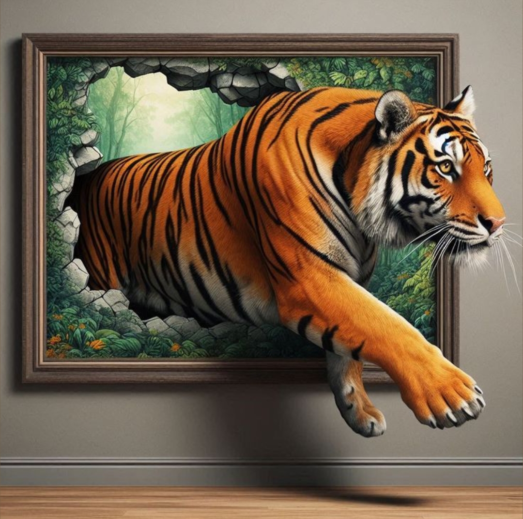 A tiger breaking through the wall and coming in