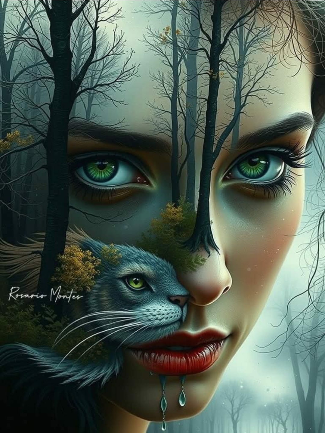 Girl, cat and Nature combo art
